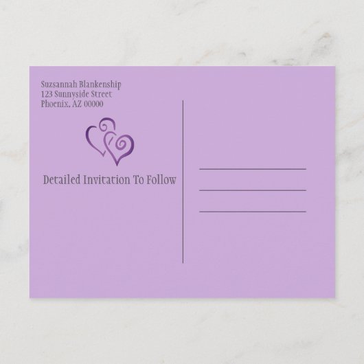 紫色のリンクハートFOREVER日付を保存 案内ポストカード (裏面)