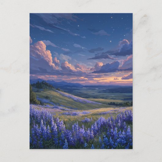 紫色のルピナスの花畑の上の星空の黄昏 ポストカード (正面)