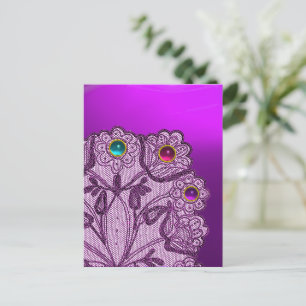紫色のレースの花とカラフル宝石 ポストカード