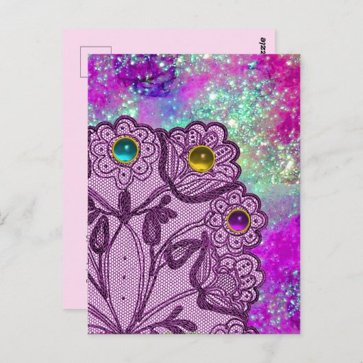 紫色のレースの花とカラフル宝石 ポストカード (正面/裏面)