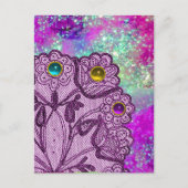 紫色のレースの花とカラフル宝石 ポストカード (正面)