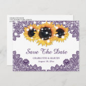 紫色のレース黄色のひまわり結婚式の日付を保存 案内ポストカード (正面/裏面)