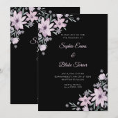 紫色のロマンティックフラワー ブラック結婚式 招待状 (正面/裏面)