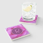 紫色のローズフラワーモノグラムイニシャル モダン ストーンコースター (横)