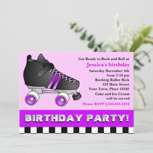 紫色のローラースケートの誕生会 招待状 (スタンド正面)