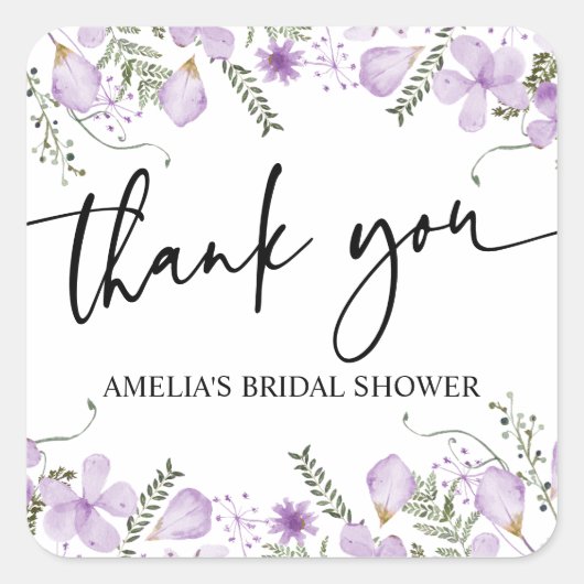 紫色のワイルドフラワーのブライダルシャワーがステッカーを引き立てる スクエアシール (正面)