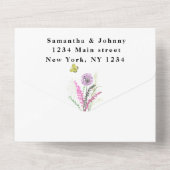 紫色のワイルドフラワーの水色のフローラ結婚の オールインワン招待状 (裏面)