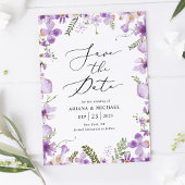 紫色のワイルドフラワーウェディング日付カードを保存 招待状