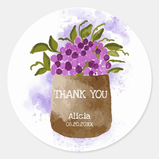 紫色のワイルドフラワーオンポットの水彩ありがとう ラウンドシール (正面)