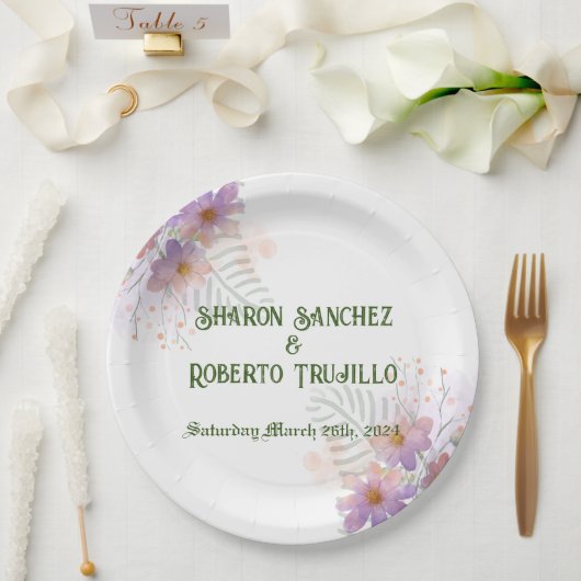紫色のワイルドフラワーカード ペーパープレート (ウェディング)