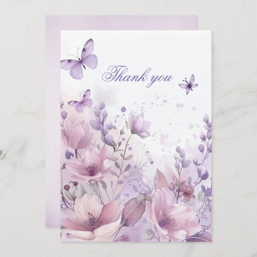 紫色のワイルドフラワーバタフライガールの誕生日 サンキューカード (正面/裏面)
