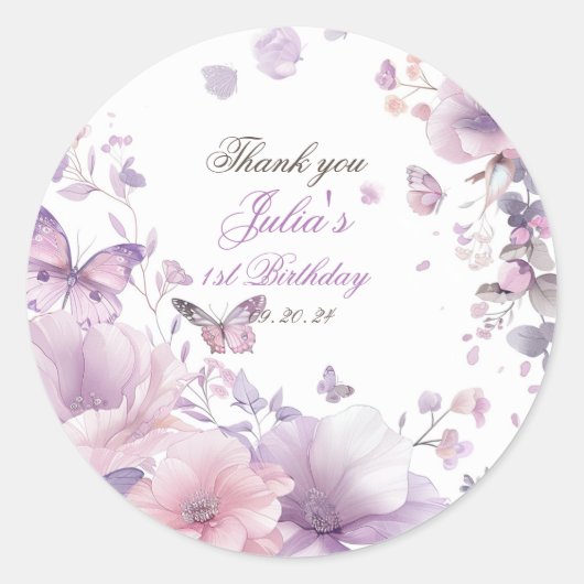 紫色のワイルドフラワーバタフライガールの誕生日 ラウンドシール (正面)