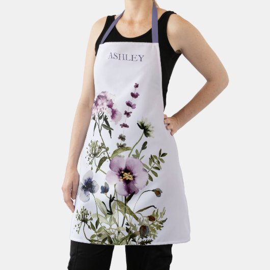 紫色のワイルドフラワーブーケ水彩フローラ エプロン (インサイチュ)