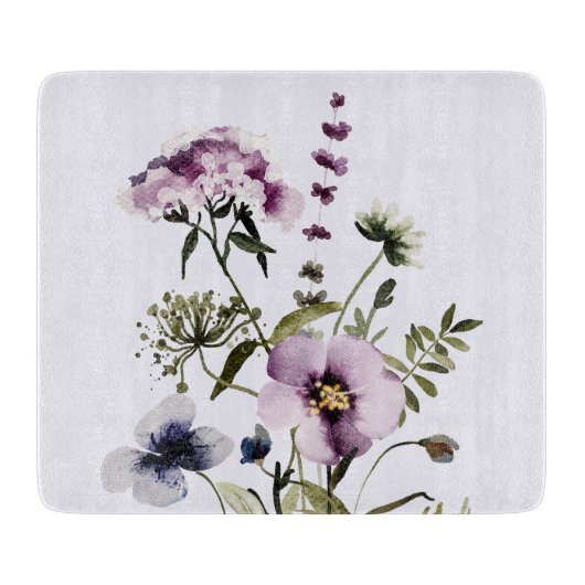紫色のワイルドフラワーブーケ水彩フローラ カッティングボード (正面)