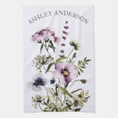 紫色のワイルドフラワーブーケ水彩フローラ キッチンタオル (縦)