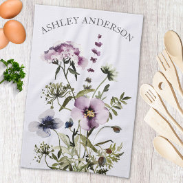 紫色のワイルドフラワーブーケ水彩フローラ キッチンタオル