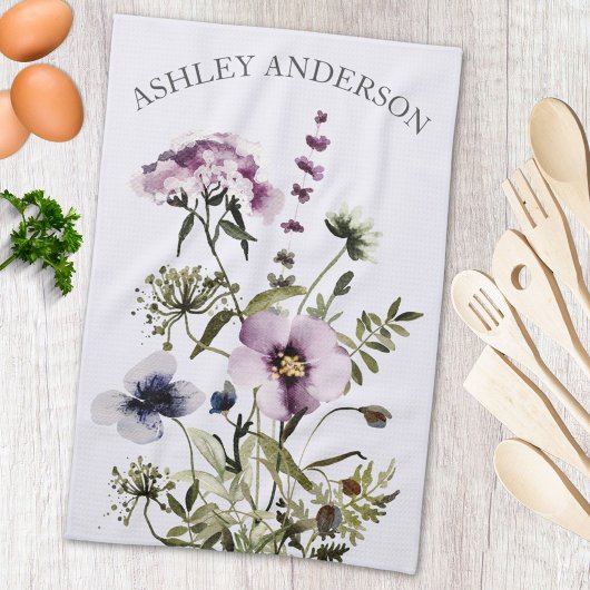 紫色のワイルドフラワーブーケ水彩フローラ キッチンタオル