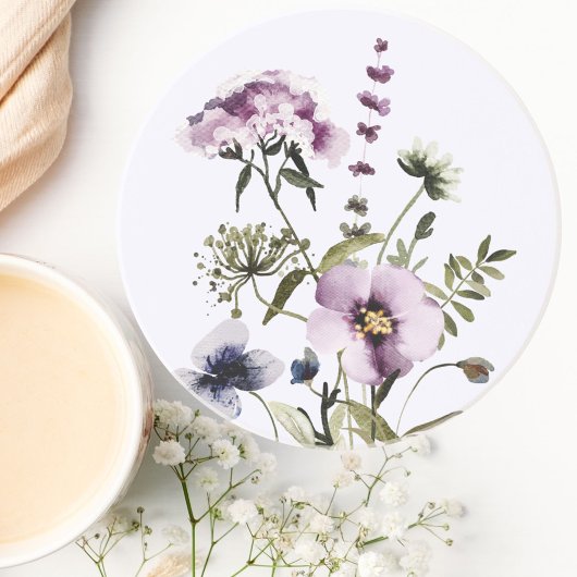 紫色のワイルドフラワーブーケ水彩フローラ コースター