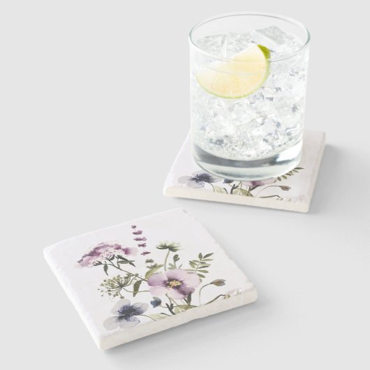 紫色のワイルドフラワーブーケ水彩フローラ ストーンコースター (横)