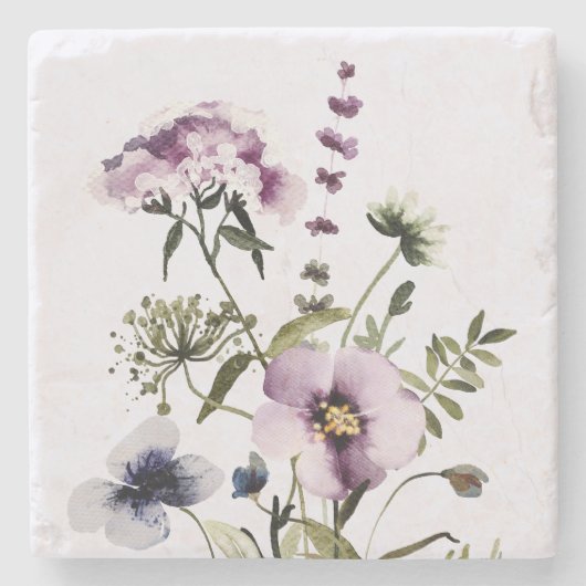 紫色のワイルドフラワーブーケ水彩フローラ ストーンコースター (正面)