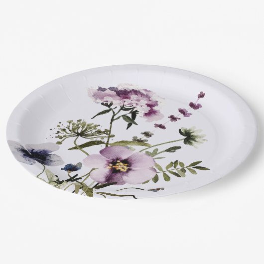 紫色のワイルドフラワーブーケ水彩フローラ ペーパープレート (アングル)
