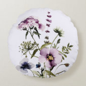 紫色のワイルドフラワーブーケ水彩フローラ ラウンドクッション (正面)