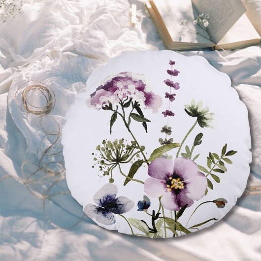 紫色のワイルドフラワーブーケ水彩フローラ ラウンドクッション
