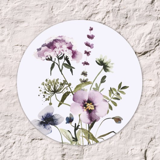 紫色のワイルドフラワーブーケ水彩フローラ ラウンドシール