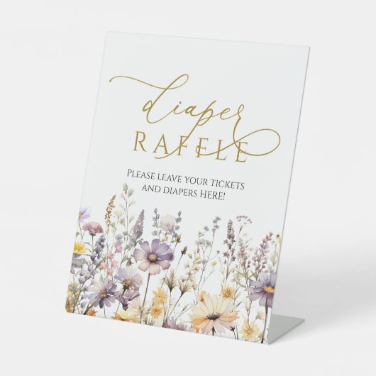 紫色のワイルドフラワーベビーシャワーおむつラッフルサイン 台座サイン (正面)