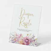 紫色のワイルドフラワーベビーシャワーオムツラッフル 台座サイン (正面)