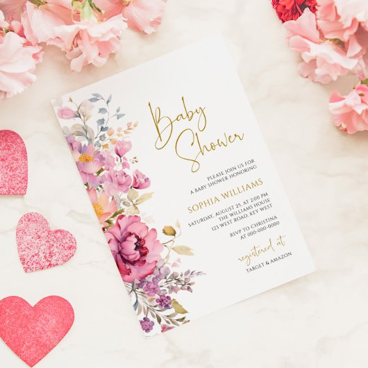 紫色のワイルドフラワーベビーシャワー招待状 招待状