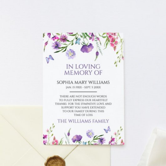 紫色のワイルドフラワー悔やみや弔慰メモリサンキューカード サンキューカード