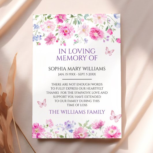 紫色のワイルドフラワー悔やみや弔慰メモリサンキューカード サンキューカード