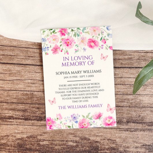 紫色のワイルドフラワー悔やみや弔慰メモリサンキューカード サンキューカード