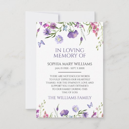 紫色のワイルドフラワー悔やみや弔慰メモリサンキューカード サンキューカード (正面)