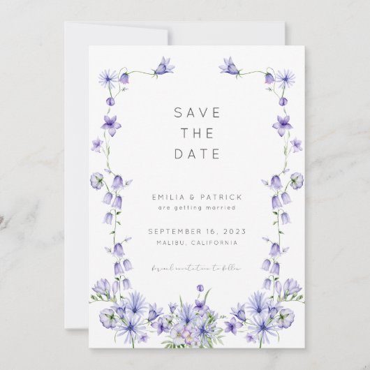 紫色のワイルドフラワー日付の保存テンプレート 招待状 (正面)