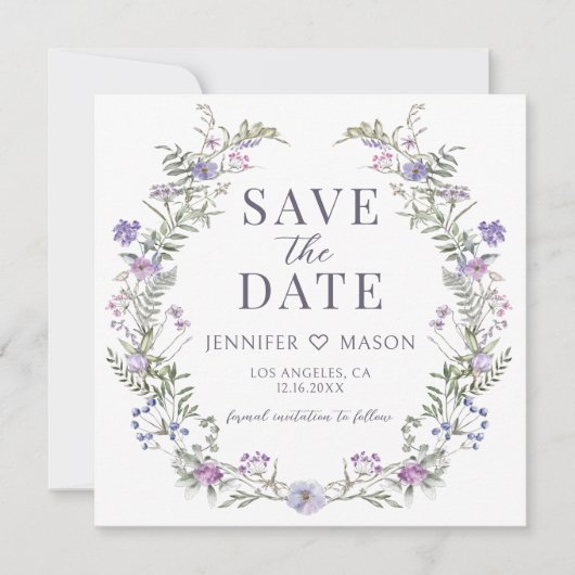 紫色のワイルドフラワー日付の写真の招待状を保存 (正面)