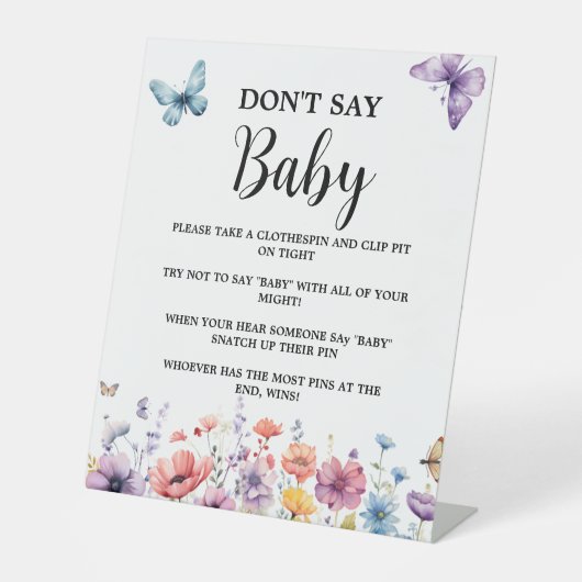 紫色のワイルドフラワー蝶の赤ちゃんシャワーゲームのサイン 台座サイン (正面)