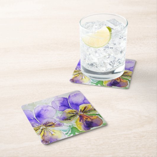 紫色のヴィオラフローラ花水色絵画のGl スクエアペーパーコースター (インサイチュ)