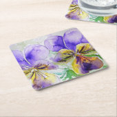 紫色のヴィオラフローラ花水色絵画のGl スクエアペーパーコースター (アングル)