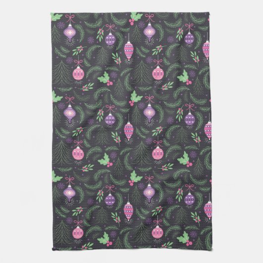 紫色のヴィンテージのクリスマスのオーナメントパターン キッチンタオル (縦)