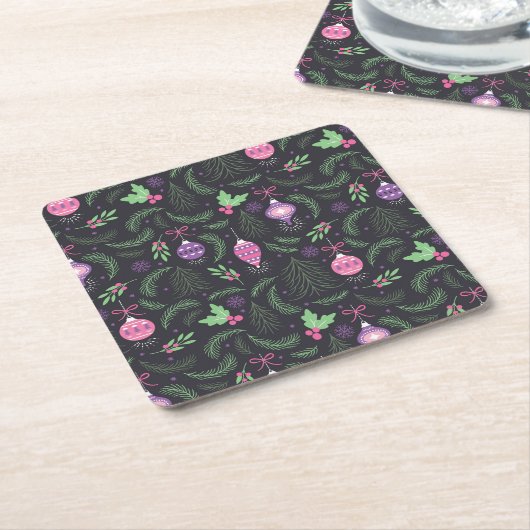 紫色のヴィンテージのクリスマスのオーナメントパターン スクエアペーパーコースター (アングル)