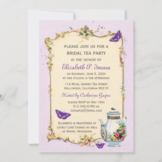 紫色のヴィンテージのフランスのな花嫁のお茶会 招待状 (正面)