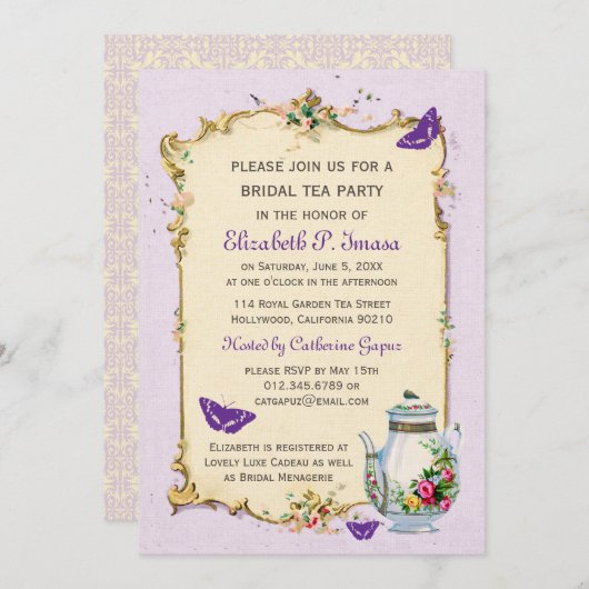 紫色のヴィンテージのフランスのな花嫁のお茶会 招待状 (正面/裏面)