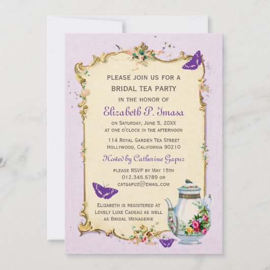 紫色のヴィンテージのフランスのな花嫁のお茶会 招待状 (正面)