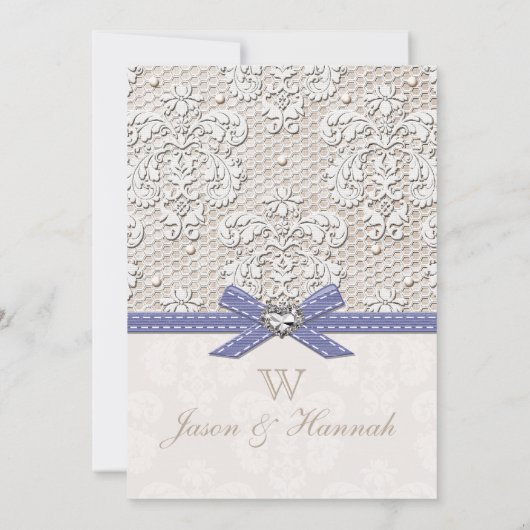 紫色のヴィンテージのレースおよび真珠の魅力の結婚式 招待状 (裏面)