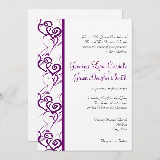 紫色の二重ハートの渦巻の結婚式招待状 招待状 (正面/裏面)