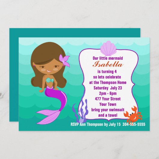 紫色の人魚のプールを囲んでのパーティ 招待状 (正面/裏面)