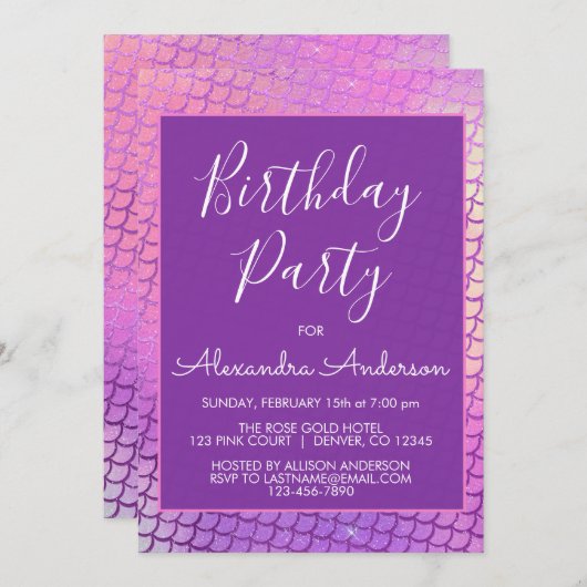 紫色の人魚の大人または子任意の年齢誕生日 招待状 (正面/裏面)
