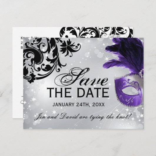 紫色の仮装の結婚式の日付を保存 案内ポストカード (正面/裏面)